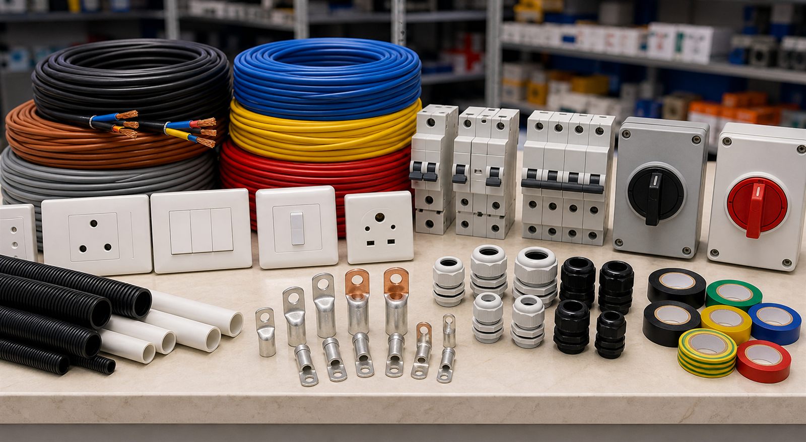 Electrical cables, breakers, switches, sockets, conduit, lugs and glands for Karachi electrical supply