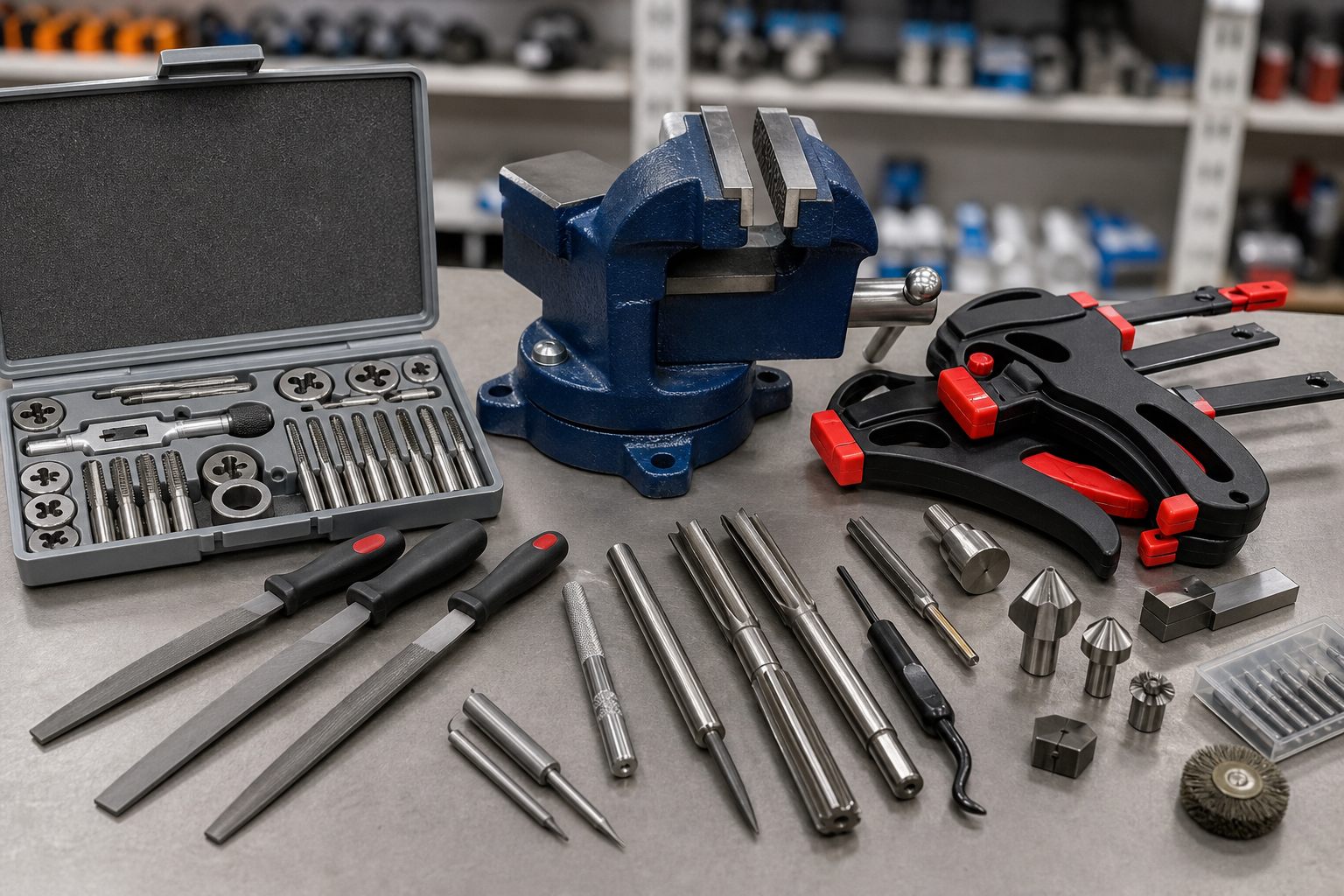 Tap and die set, files, bench vice, clamps, reamers and deburring tools for Karachi engineering workshops