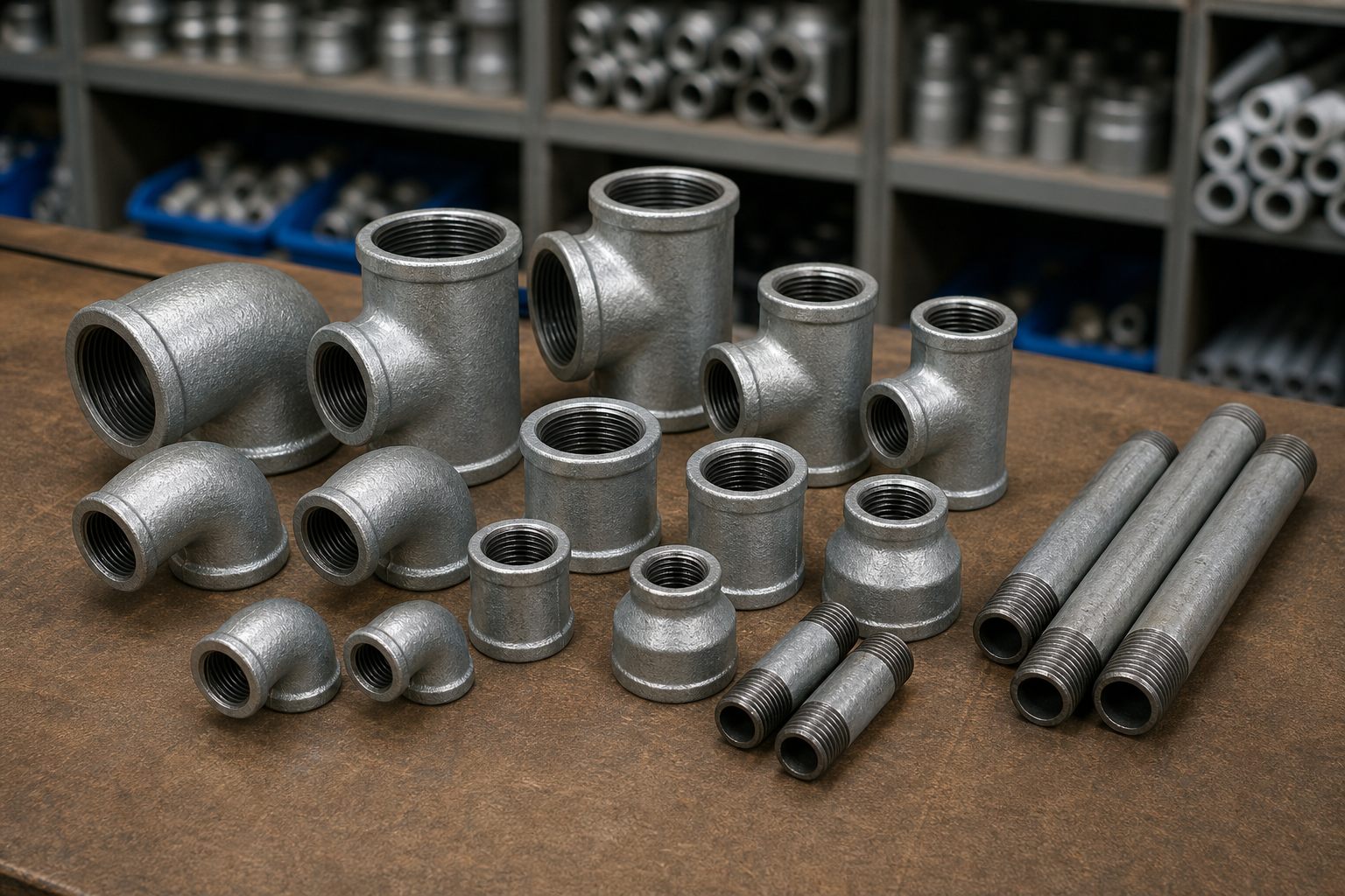 Assorted galvanised G.I. threaded pipe fittings including elbows, tees, sockets, nipples and reducers for Karachi supply