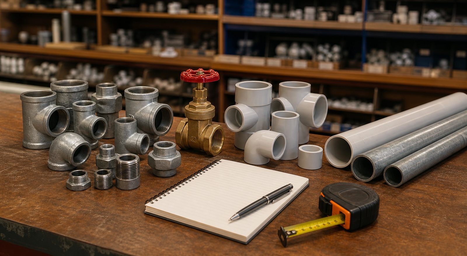 Mixed G.I. fittings, PVC fittings, brass valve and RFQ notebook for Karachi industrial procurement