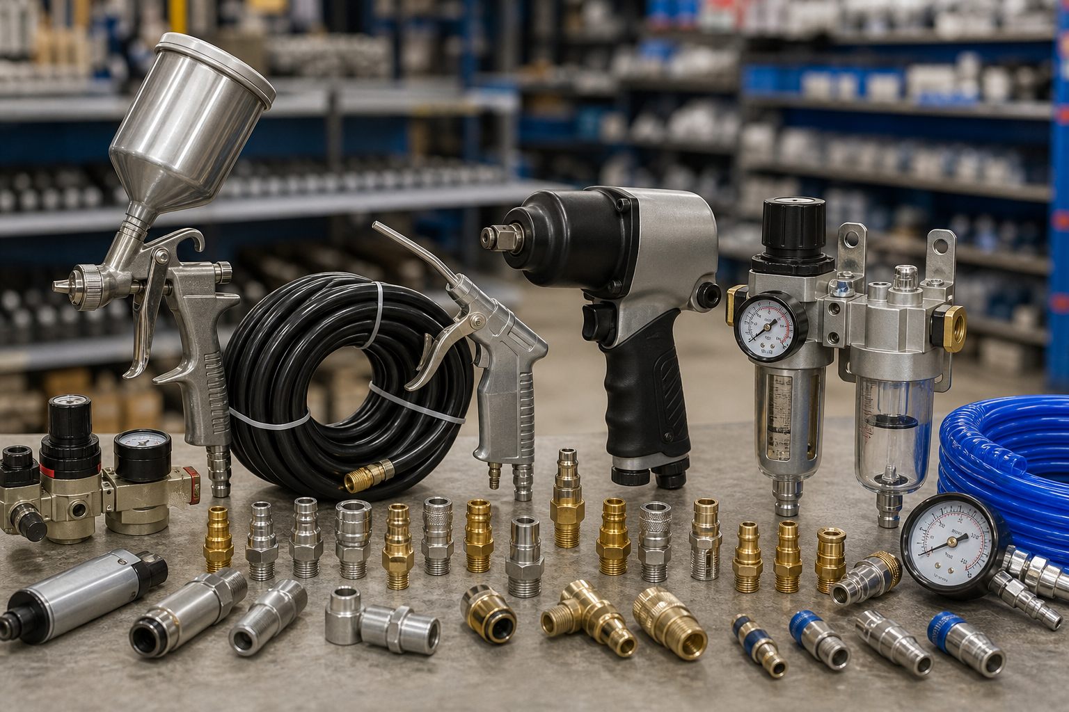 Air impact wrench, spray gun, air hose, couplers, FRL unit and compressor accessories for Karachi pneumatic tools