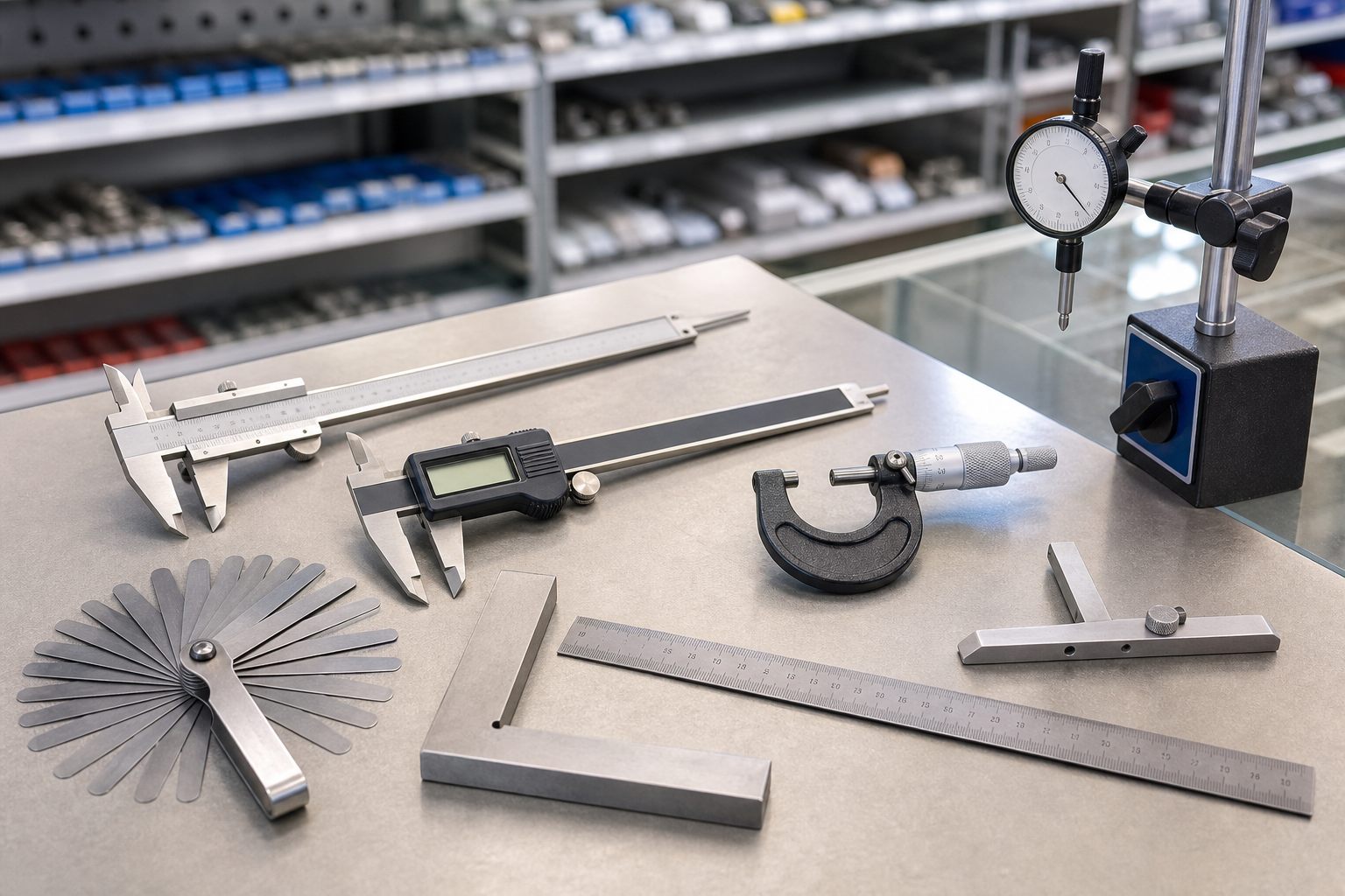 Vernier caliper, micrometer, dial indicator, feeler gauges, square and steel rule for Karachi precision measuring
