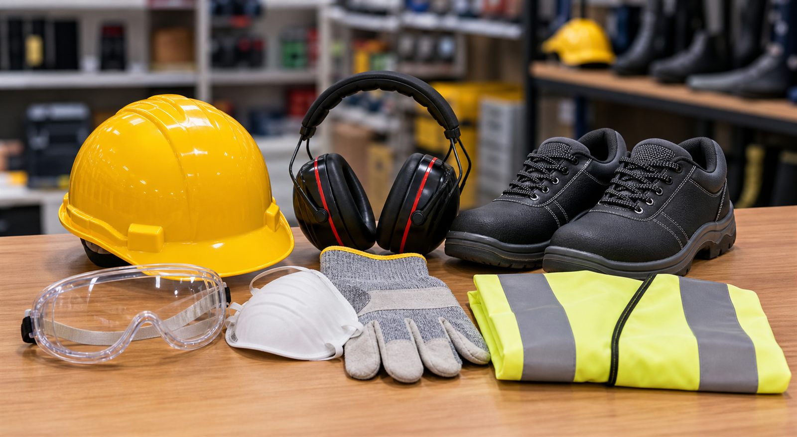 Safety helmet, goggles, gloves, mask, ear protection, safety shoes and hi-vis vest for Karachi PPE supply