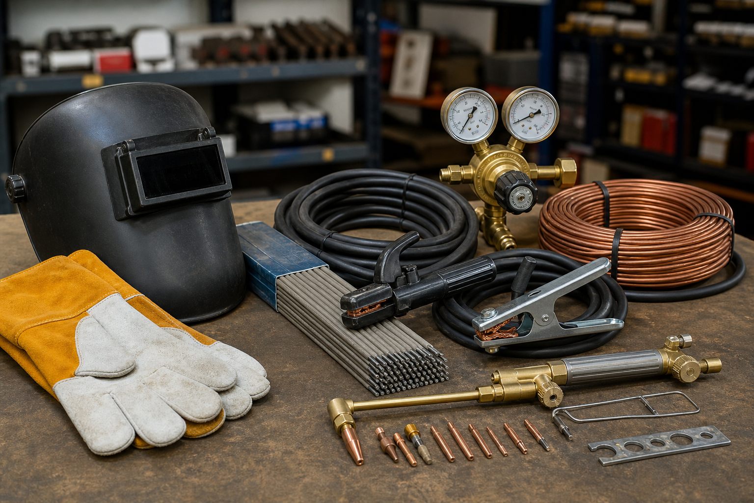 Welding helmet, electrodes, regulator, cables, clamps and gloves for Karachi welding goods quotations